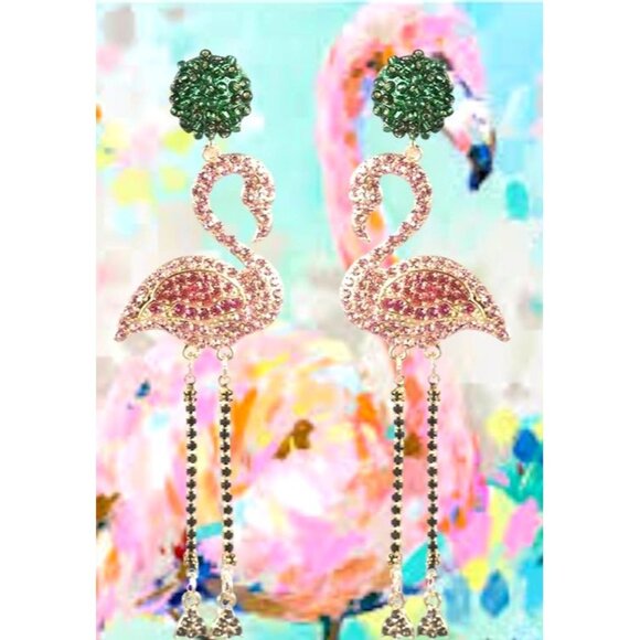 New Flamingo Earrings Pink Rhinestones Dangle Beaded Posts Beach Cruise READ - Picture 8 of 12